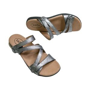 Taos Footwear Women’s Double U Pewter Leather Strappy Slide Sandals Size 8